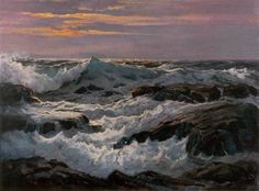 an oil painting of waves crashing on rocks in the ocean at sunset, with pink clouds overhead