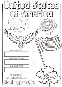 the united states of america coloring page with an eagle, flag and map on it