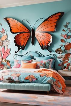 Butterfly wall art bursts with vivacity in this spirited bedroom. The metal butterfly wall art showcases a striking monarch butterfly, with bold orange wings and contrasting black detailing, casting a dynamic spell as it graces the turquoise backdrop. The lively hues of the butterfly resonate through the bedding and butterfly-patterned linens, creating an energetic and joyful atmosphere. This radiant space, centered around the alluring butterfly art, is a splendid haven Metal Butterflies, Beautiful Butterfly Photography, Butterfly Pillow, Large Metal Wall Art