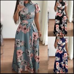 Summer Long Dress Floral Print Short Sleeve Elegant Dress Tunic Maxi Dress Women Evening Party Dress Sun Dress Long Floral Print Dress For Party, Long Floral Print Party Dress, Party Midi Dress With Floral Print And Short Sleeves, Party Dress With Floral Print And Maxi Length, Casual Floral Printed Dress For Party, Stretch Maxi Dress For Garden Party, Floral Print Non-stretch Maxi Dress For Garden Party, Multicolor Maxi Floral Dress For Parties, Casual Floral Print Midi Dress For Party