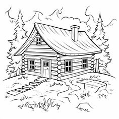 a log cabin in the woods coloring page