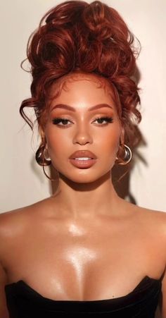 Ginger Hair Black Women Makeup, Ginger Hair Makeup Ideas, Black Wig With Ginger Highlights, Ginger Hair Black Women Curtain Bangs, Orange Hair Costumes, Orange Updo Wig, Copper Red Black Women, Burnt Orange Hair, Dark Ginger Hair