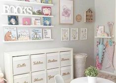 a child's room with white furniture and pictures on the wall above the table