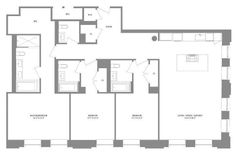 the floor plan for an apartment with three bedroom and two bathroom areas, including one living room