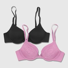 OUR BEST BRAS COME IN PAIRS When you find a bra just right for wearing every day, you're going to want more than one. This push-up bra 2-pack includes a classic tailored push-up bra as well as one with beautiful lace accents for a flirty touch. Both bras feature a supportive underwire and a sweetheart neckline that plays well with all your tops. Fully adjustable straps customize the fit while a hook and eye back closure does the rest in a bra that is an everyday solution for every body. Maidenfo Best Bras, Shipt Shopper, Black Ice, Bra Cups, Underwire Bra, Push Up Bra, Sweetheart Neckline, Low Cut, Body Shapes