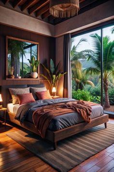 a large bed sitting in a bedroom on top of a wooden floor next to a window