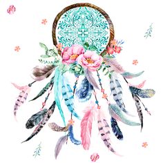 a watercolor drawing of a dream catcher with feathers and flowers on it's back