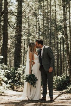 a couple kissing in the woods on their wedding day, with instagrams below