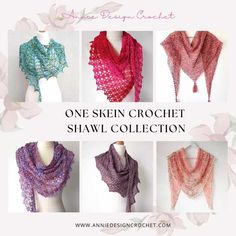 six different shawl designs with the text, one skein crochet shawl collection