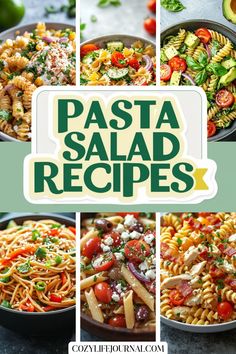 Various colorful pasta salads with vegetables arranged around the text "Pasta Salad Recipes". Easy Cold Pasta Salad Recipes Simple Healthy, Easy Cold Pasta Salad Recipes Healthy, Toppings For Salads, Garlic Pasta Salad, Salads With Pasta, Best Pasta Salad Recipe, Easy Cold Pasta Salad