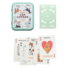 four playing cards with pictures of cats and dogs on them, including one cat lover's card