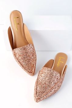 Chic Rose Gold Glitter Loafer Slides - Slip-On Loafers - Flats - Lulus Chic Fall Party Mules, Party Mules With Stacked Heel And Almond Toe, Low Heel Mules For Party In Fall, Fall Party Mules With Low Heel, Closed Toe Party Mules For Fall, Fall Party Closed Toe Mules, Loafer Slides, Rose Gold Clothes, Pointed Loafers