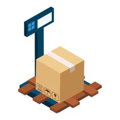 a cardboard box sitting on top of a pallet with a digital scale in the background