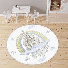 a child's room with a white rug and teddy bear on the floor in front of it