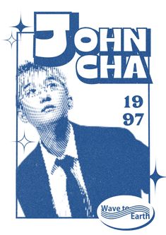 the poster for john cha is shown in blue and white with an image of a man wearing