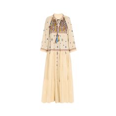 FORTELA caftan with geometric embroidery and bib Stand collar; tassel ties Long sleeves; approx. 26.9"L Wide silhouette Tiered hem Full length Slipover style Cotton Unlined Dry clean, professional cleaning recommended Imported Traditional Long Sleeve Kaftan With Tassels, Traditional Multicolor Kaftan With Tassels, Traditional Spring Kaftan With Tassels, Traditional White Kaftan With Tassels, Bohemian Tassel Dress For Eid, Bohemian Beige Embroidered Dress With Intricate Details, Traditional Tunic Dress With Tassels, Embroidered Beige Bohemian Kaftan, Festive Bohemian Dress With Geometric Embroidery