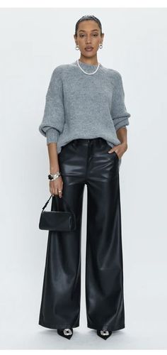 Leather Wide Pants Outfit, Wide Leg Faux Leather Pants Outfit, Wide Leg Leather Trousers Outfit, Leather Wide Leg Pants Outfit, Wide Leg Leather Pants Outfit, Leather Pants Oversized, Anthro Aesthetic, Wide Trousers Outfit, Soft Alt