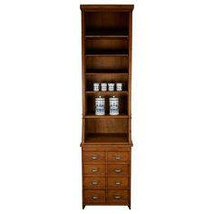 a wooden cabinet with drawers and jars on top