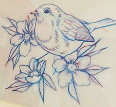 a drawing of a bird sitting on top of flowers