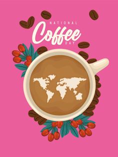 a cup of coffee with the world map on it and berries around it in front of a pink background