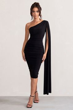 Yara | Black One Shoulder Cape Ruched Midi Dress One Shoulder Cape, Shoulder Cape, Designer Midi Dresses, Black Dress Prom, Event Dress, Black Tie Gala, Ruched Midi Dress, Black Velvet Dress, Party Dress Long