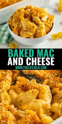 baked macaroni and cheese in a white dish with the title text above it