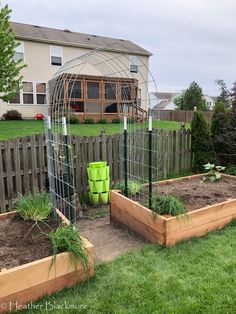 an outdoor garden area with raised beds and plants in the ground, along with a wooden fence