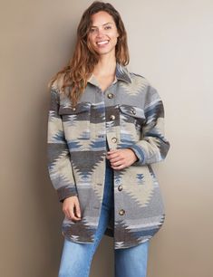 Women's Fashion Brand Western Print Fleece Jacket Cold Weather Button-up Shacket With Pockets, Oversized Outerwear With Buttoned Pockets For Fall, Oversized Outerwear With Buttons For Cold Weather, Oversized Button-up Outerwear For Outdoor, Fall Shacket For Cold Weather With Button Closure, Fall Shacket With Button Closure For Cold Weather, Cozy Long Sleeve Outerwear With Buttoned Pockets, Oversized Fall Shacket With Patch Pockets, Cozy Fall Shacket For Cold Weather