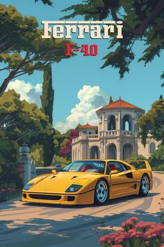 a yellow sports car is parked in front of a large building with trees and flowers