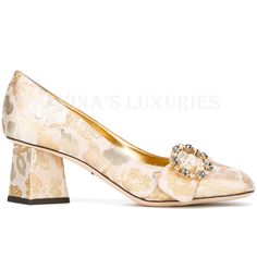 Designer: Dolce & Gabbana Size: It 35 / Us 5, Conversion Per Designer Condition: Authentic And Brand New Material: Brocade / Leather Unique Features: Exquisite Brocade / Jacquard Pumps With Block Heel With Crystal Buckle Detail On Vamp Color: Shades Of Gold On Light Background (Please Note That Color Appearance May Vary Depending On Your Monitor Settings) Measurements: Please Ask For Measurements Retail: $995 Plus Tax Malvina's Luxe (Malvina's Luxuries) Is A Trusted Name In Designer Merchandise Low Block Heel Pumps, Snake Heels, Leather Jewels, Embellished Shoes, Dolce Gabbana Shoes, Strappy High Heels, Round Toe Pumps, Glitter Shoes, Floral Jacquard