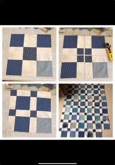 four different pictures of blue and white quilts on the floor, one with scissors