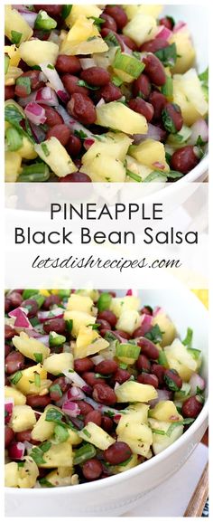 pineapple and black bean salad in a white bowl