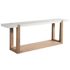 a white table with wooden legs and a shelf on the top that is made out of wood