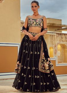 Black Embroidered Georgette Lehenga Georgette Lehenga, Georgette Tops, Net Dupatta, Lehenga, Desi, Embellishments, Thread, India