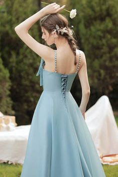 Blue Dresses With Lace-up Back And Sweetheart Neckline, Blue Dress With Sweetheart Neckline And Lace-up Back, Blue Dress With Lace-up Back And Sweetheart Neckline, Blue Wedding Dress With Lace-up Back, Blue A-line Chiffon Dress For Wedding, Blue A-line Chiffon Wedding Dress, Blue Tie-back Wedding Dress, Blue Tie Back Dress For Wedding, Blue Tie-back Dress For Wedding