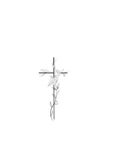 a black and white drawing of a cross with flowers