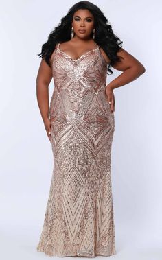 Sydneys Closet SC7340 Rose Gold Night Formal Dress, Rose Gold Prom Dress, Gold Sequin Gown, Plus Size Prom Dress, Plus Size Evening Gown, Prom Inspo, Sequin Evening Gowns, Gold Prom Dresses, Plus Size Prom