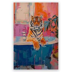 a painting of a tiger sitting in a bathtub with pink and blue walls behind it