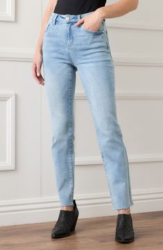 Frayed raw hems, fading and whiskering give these stretch-kissed jeans a well-loved vibe that will make them an instant favorite. 30" inseam; 15 3/4" leg opening; 11 3/8" front rise; 15" back rise (size 8) 93% cotton, 5% polyester, 2% spandex Machine wash, tumble dry Imported Raw Hem Straight Leg Jeans, Bohemian Chic Outfits, Denim Day, Karen Kane, Bohemian Chic, Denim Pant, Winter Women, Straight Jeans, Ankle Length