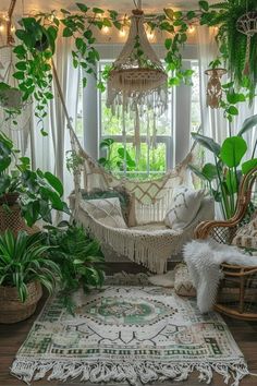 a living room filled with lots of plants and hanging chairs in front of a window