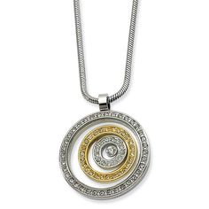 This multi-circle necklace is crafted from stainless steel set with cubic zirconia gemstones. It features a gold-plated accent circle and a unique design with inner circles that independently float between acrylic panels. The pendant measures 1-1/8 inch in diameter and hangs on an 20 inch snake chain finished with a fancy lobster clasp. David Yurman Circle Pendant, Woven Necklace, Stainless Steel Polish, Bow Jewelry, Cz Pendant, Acrylic Panels, Circle Necklace, Jewelry Companies, Stunning Jewellery