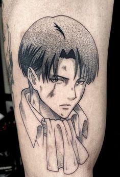 a man's leg with a black and white anime character tattoo on his thigh