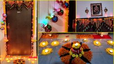 a collage of pictures with candles and decorations