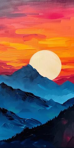 an acrylic painting of mountains at sunset