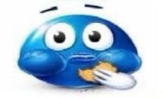 a blue and white cartoon character holding a piece of food in one hand while looking at the camera