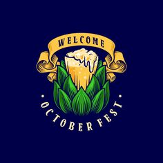 the welcome to octoberfest logo on a dark blue background with green leaves and ribbon