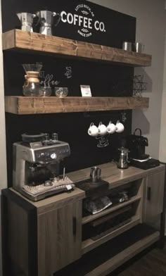 a coffee bar with wooden shelves and black walls