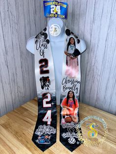 Graduation Stole with 2 Pictures – SpoilThemCreatively Graduation Stole Ideas High Schools, Corset And Jeans, Senior Portrait Outfits, Graduation Stole, Senior Photo Outfits, School Logo, Ink Transfer, Satin Material, Color Patterns