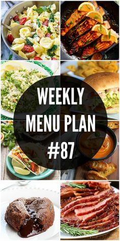 the weekly menu plan is full of delicious dishes, including meats and other foods