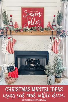 christmas mantle with stockings and stockings hanging from the mantel above it, surrounded by holiday decorations